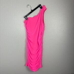 BTFBM Size Large Bright Neon Pink Ruched One Shoulder Strap Bodycon Mini Dress